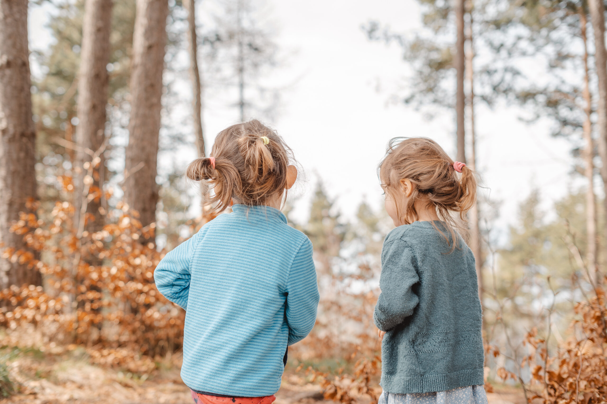 Mit Geschwistern fotografiert werden. Zwei Mädchen an einem Wald.